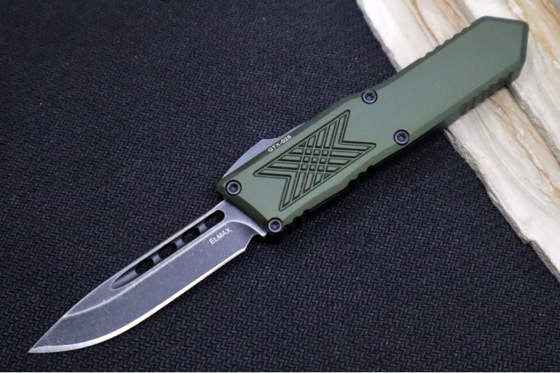 Guardian Tactical GTX-025 OTF - Dark Stonewash Finish / Elmax Steel / Drop Point Blade / OD Green Anodized Aluminum Handle 12-8611