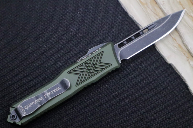 Guardian Tactical GTX-025 OTF - Dark Stonewash Finish / Elmax Steel / Drop Point Blade / OD Green Anodized Aluminum Handle 12-8611