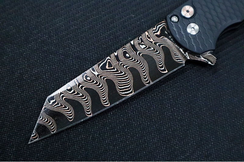 Pro Tech Malibu Custom - "Dragon Scale" Black Anodized Aluminum Handle / Black Hardware & Clip / BakerForge Coppermai Ripple Damascus / Reverse Tanto Blade / Copper Mosaic Pin Push Button - Northwest Knives