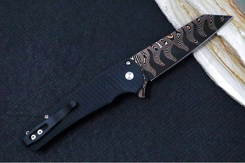 Pro Tech Malibu Custom - "Dragon Scale" Black Anodized Aluminum Handle / Black Hardware & Clip / BakerForge Coppermai Ripple Damascus / Reverse Tanto Blade / Copper Mosaic Pin Push Button - Northwest Knives