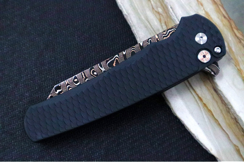 Pro Tech Malibu Custom - "Dragon Scale" Black Anodized Aluminum Handle / Black Hardware & Clip / BakerForge Coppermai Ripple Damascus / Reverse Tanto Blade / Copper Mosaic Pin Push Button - Northwest Knives