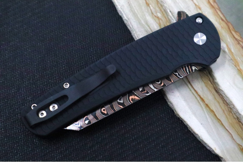 Pro Tech Malibu Custom - "Dragon Scale" Black Anodized Aluminum Handle / Black Hardware & Clip / BakerForge Coppermai Ripple Damascus / Reverse Tanto Blade / Copper Mosaic Pin Push Button - Northwest Knives