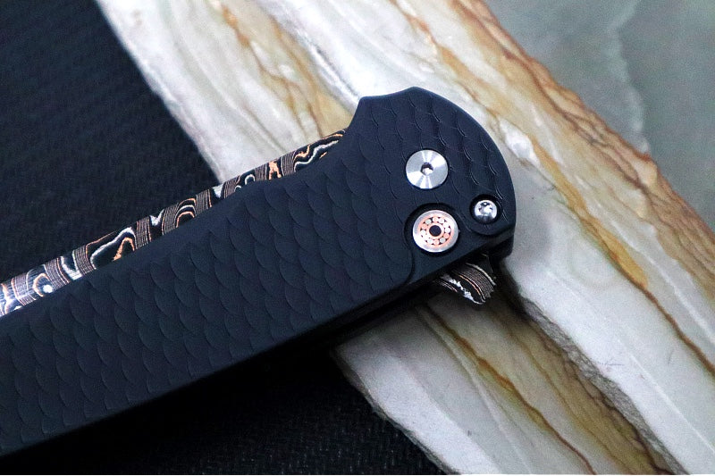 Pro Tech Malibu Custom - "Dragon Scale" Black Anodized Aluminum Handle / Black Hardware & Clip / BakerForge Coppermai Ripple Damascus / Reverse Tanto Blade / Copper Mosaic Pin Push Button - Northwest Knives