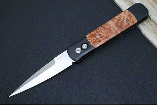 Pro Tech Godfather Auto - Black Anodized Aluminum Handle & Burl Wood Inlays / Satin Spearpoint Blade / CPM-154 Steel 906-Satin - Northwest Knives