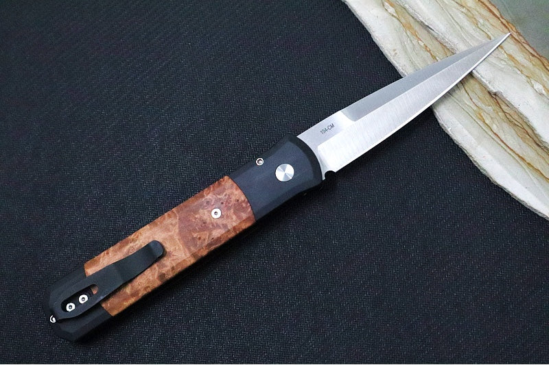 Pro Tech Godfather Auto - Black Anodized Aluminum Handle & Burl Wood Inlays / Satin Spearpoint Blade / CPM-154 Steel 906-Satin - Northwest Knives
