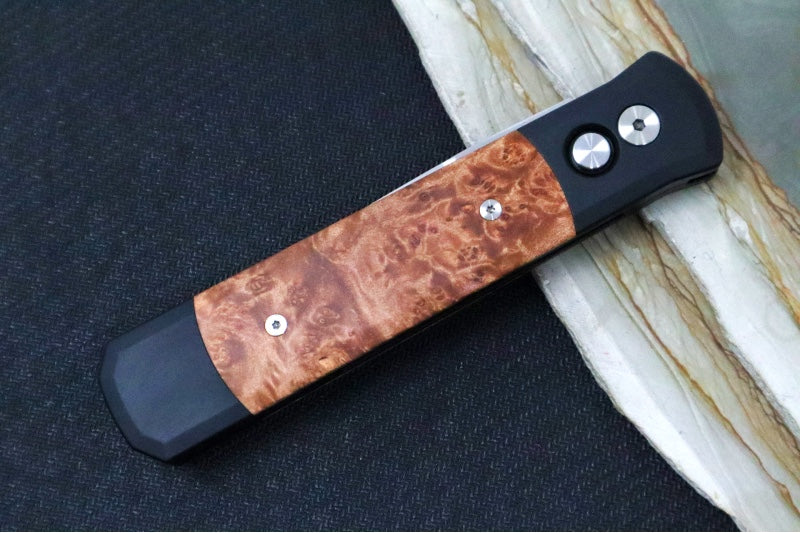 Pro Tech Godfather Auto - Black Anodized Aluminum Handle & Burl Wood Inlays / Satin Spearpoint Blade / CPM-154 Steel 906-Satin - Northwest Knives