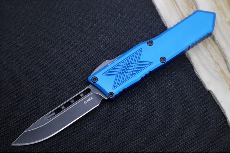 Guardian Tactical GTX-025 OTF - Dark Stonewash Finish / Elmax Steel / Drop Point Blade / Blue Anodized Aluminum Handle 12-4611
