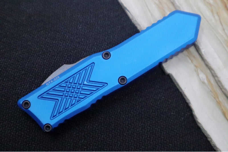 Guardian Tactical GTX-025 OTF - Dark Stonewash Finish / Elmax Steel / Drop Point Blade / Blue Anodized Aluminum Handle 12-4611