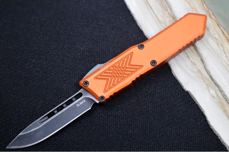 Guardian Tactical GTX-025 OTF - Dark Stonewash Finish / Elmax Steel / Drop Point Blade / Burnt Orange Anodized Aluminum Handle 12-4611BO