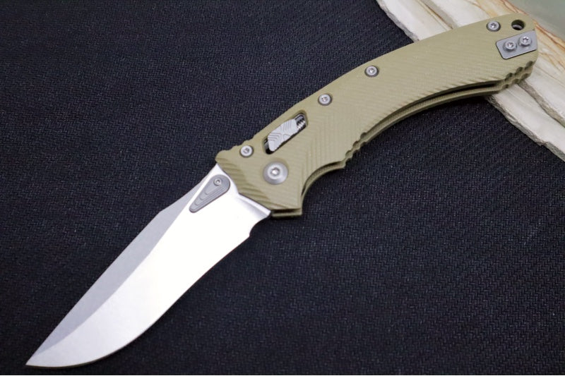 Microtech Amphibian Folder RAM-Lok - Drop Point / Stonewash Finish / Fluted OD Green G-10 Handle 137RL-10FLGTOD