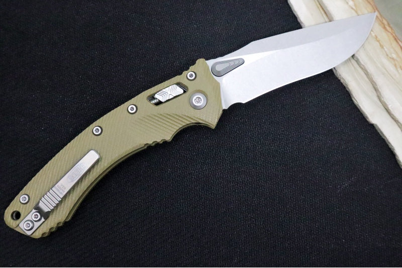 Microtech Amphibian Folder RAM-Lok - Drop Point / Stonewash Finish / Fluted OD Green G-10 Handle 137RL-10FLGTOD