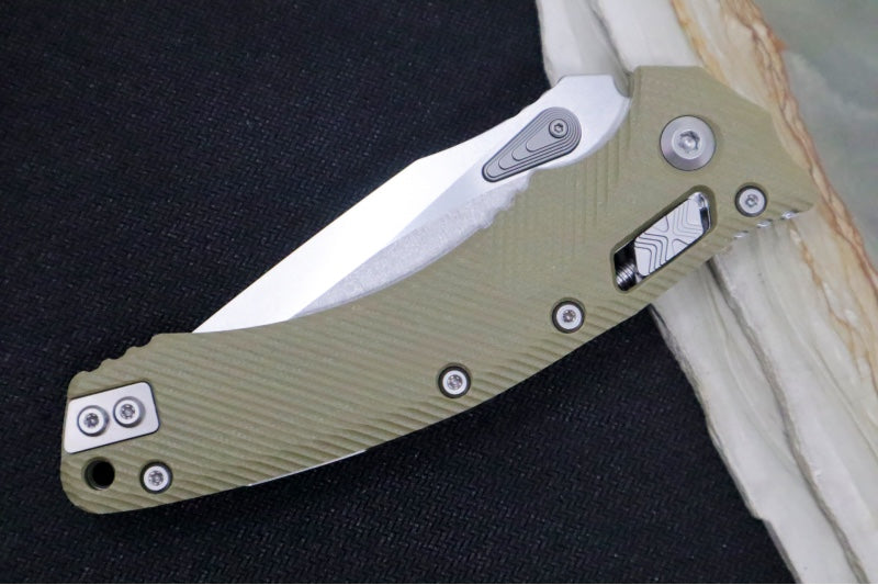 Microtech Amphibian Folder RAM-Lok - Drop Point / Stonewash Finish / Fluted OD Green G-10 Handle 137RL-10FLGTOD