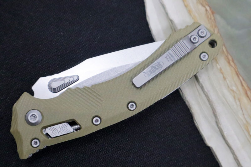 Microtech Amphibian Folder RAM-Lok - Drop Point / Stonewash Finish / Fluted OD Green G-10 Handle 137RL-10FLGTOD