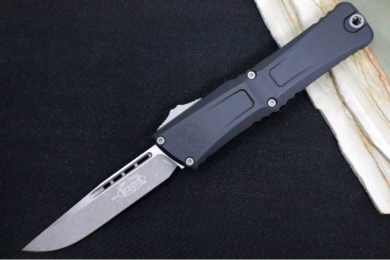 Microtech Combat Troodon OTF Gen III - Apocalyptic Finish / Drop Point Blade / Black Anodized Aluminum Handle - 1143-10AP - Northwest Knives