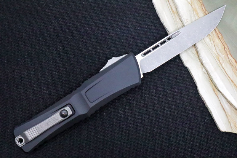 Microtech Combat Troodon OTF Gen III - Apocalyptic Finish / Drop Point Blade / Black Anodized Aluminum Handle - 1143-10AP