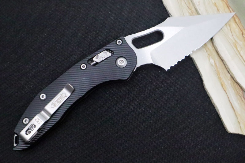 Microtech Stitch RAM-Lock Manual - Spear Point Blade with Partial Serrate / Stonewashed Finish / Black Fluted Anodized Aluminum Handle 169RL-11FL