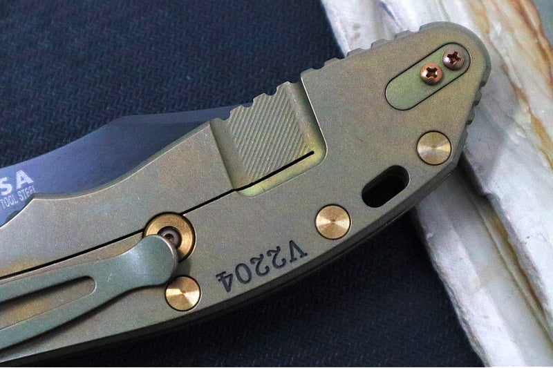 Rick Hinderer Knives XM-24 Skinny Limited Vintage Series - Tri Way Pivot- 4.0" Hollow Ground Bowie Blade / Battle Black Finish / Smooth Walnut & Green Anodized Titanium Handle / 1095 Carbon Steel / Bronzed Hardware - Northwest Knives