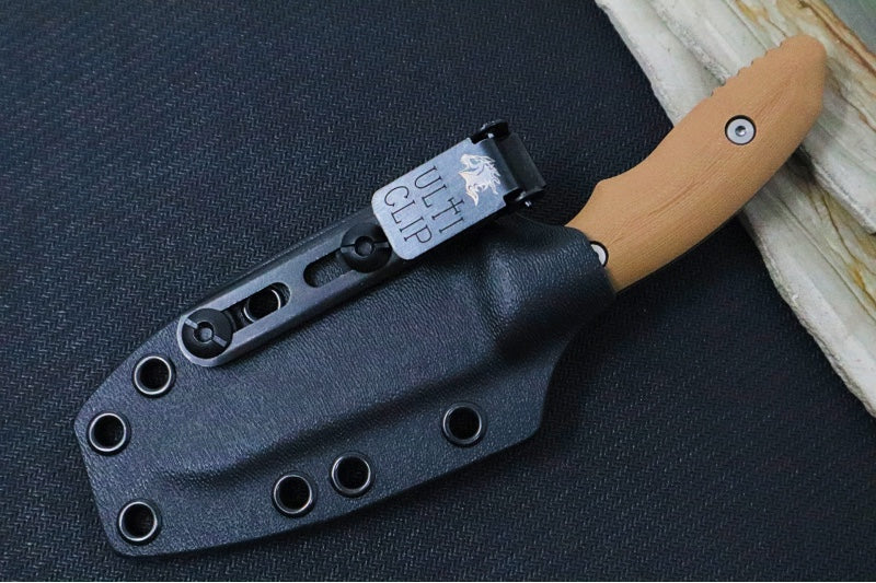 Rick Hinderer Knives Flashpoint Fixed Blade -  Battle Black Finish / CPM-Magnacut Steel / Coyote Tan G-10 Handle / Black Kydex Sheath - Northwest Knives