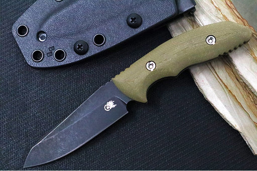 Rick Hinderer Knives Flashpoint Fixed Blade -  Battle Black Finish / CPM-Magnacut Steel / OD Green G-10 Handle / Black Kydex Sheath - Northwest Knives