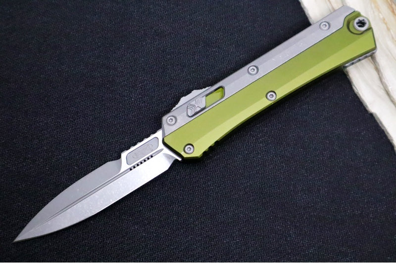Microtech Glykon OTF - Bayonet Blade / Apocalyptic Finish / Nickel Boron Internals / OD Green Anodized Aluminum & Titanium Handle Scales 184-10APOD