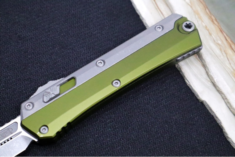 Microtech Glykon OTF - Bayonet Blade / Apocalyptic Finish / Nickel Boron Internals / OD Green Anodized Aluminum & Titanium Handle Scales 184-10APOD