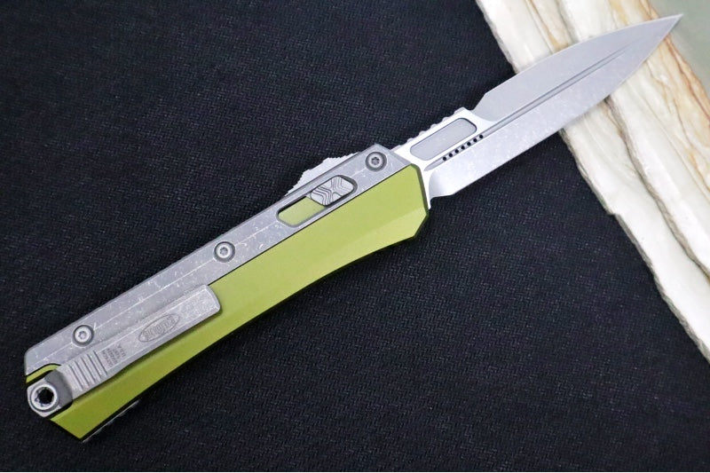 Microtech Glykon OTF - Bayonet Blade / Apocalyptic Finish / Nickel Boron Internals / OD Green Anodized Aluminum & Titanium Handle Scales 184-10APOD