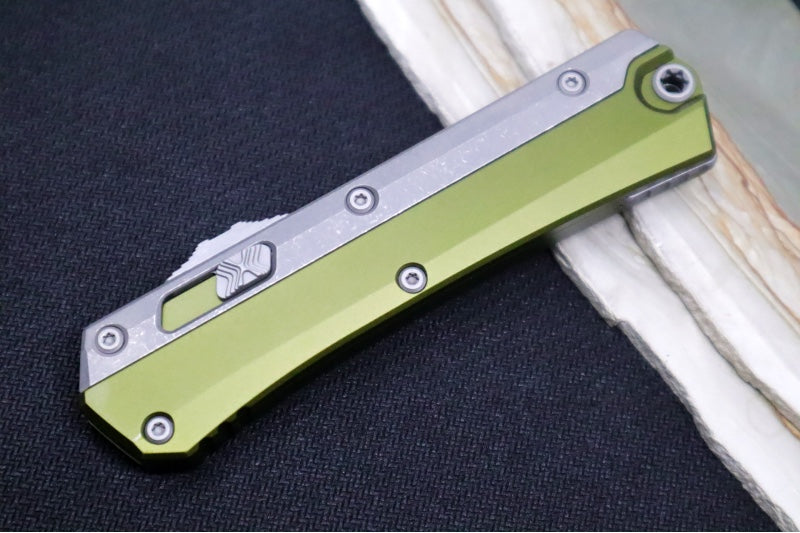 Microtech Glykon OTF - Bayonet Blade / Apocalyptic Finish / Nickel Boron Internals / OD Green Anodized Aluminum & Titanium Handle Scales 184-10APOD