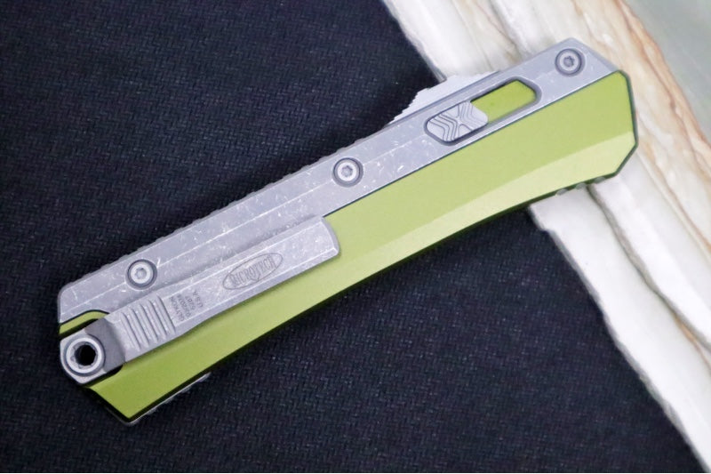Microtech Glykon OTF - Bayonet Blade / Apocalyptic Finish / Nickel Boron Internals / OD Green Anodized Aluminum & Titanium Handle Scales 184-10APOD