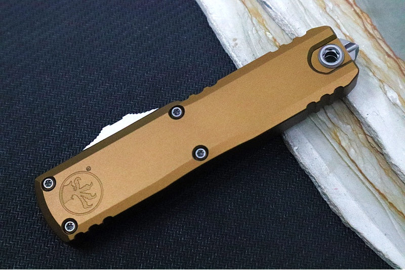 Microtech UTX-85 OTF Gen IV- Dagger Blade / Stonewash Finish / Tan Anodized Aluminum Handle 12324-10TA - Northwest Knives