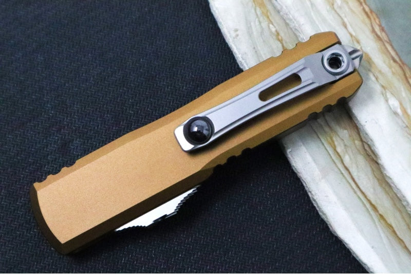 Microtech UTX-85 OTF Gen IV- Dagger Blade / Stonewash Finish / Tan Anodized Aluminum Handle 12324-10TA - Northwest Knives