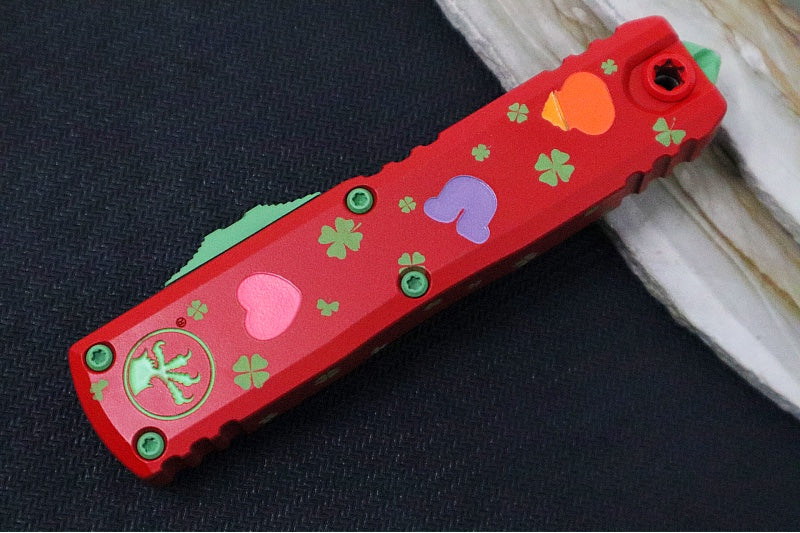 Microtech UTX-85 OTF Gen IV St. Patty's Day Edition - Dagger Blade / Red Finish / Red "St Patty's Day" Anodized Aluminum Handle 12324-1SPDS - Northwest Knives