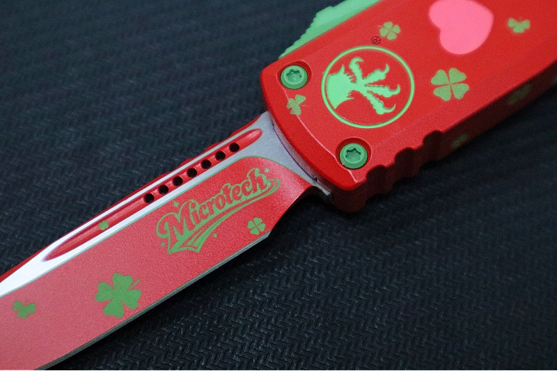 Microtech UTX-85 OTF Gen IV St. Patty's Day Edition - Single Edge Blade / Red Finish / Red "St Patty's Day" Anodized Aluminum Handle 12314-1SPDS - Northwest Knives