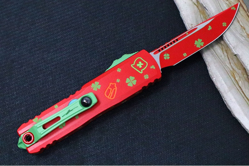 Microtech UTX-85 OTF Gen IV St. Patty's Day Edition - Single Edge Blade / Red Finish / Red "St Patty's Day" Anodized Aluminum Handle 12314-1SPDS - Northwest Knives
