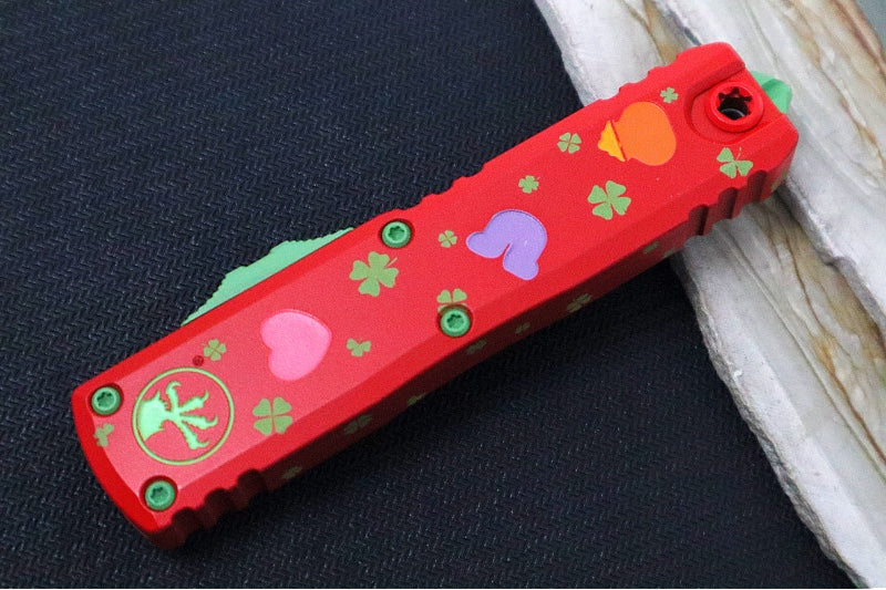 Microtech UTX-85 OTF Gen IV St. Patty's Day Edition - Single Edge Blade / Red Finish / Red "St Patty's Day" Anodized Aluminum Handle 12314-1SPDS - Northwest Knives