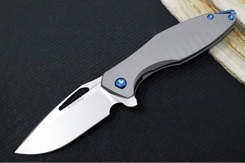 Koenig Mini Arius - Standard with Plexa Patterned Handle - Burnished Blade with Polished Flats - Blue Spacer & Hardware (Gen 1) - Northwest Knives