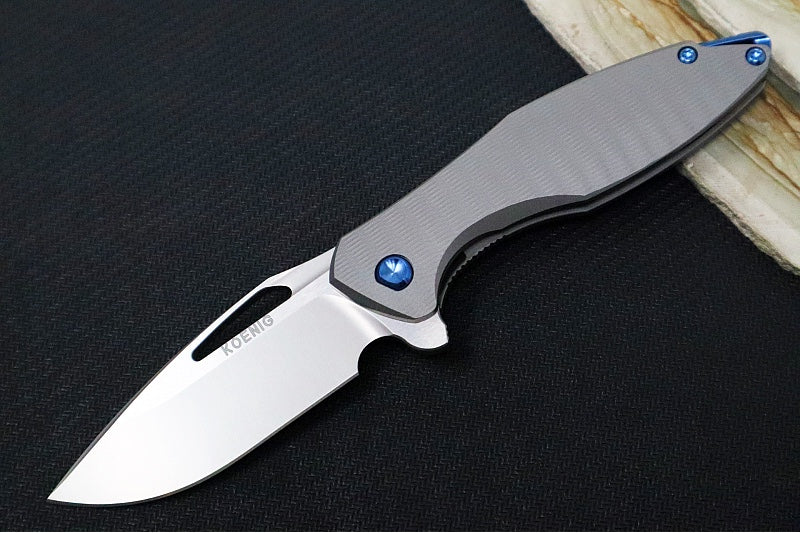 Koenig Mini Arius - Standard with Plexa Patterned Handle - Burnished Blade with Polished Flats - Blue Spacer & Hardware (Gen 1) - Northwest Knives