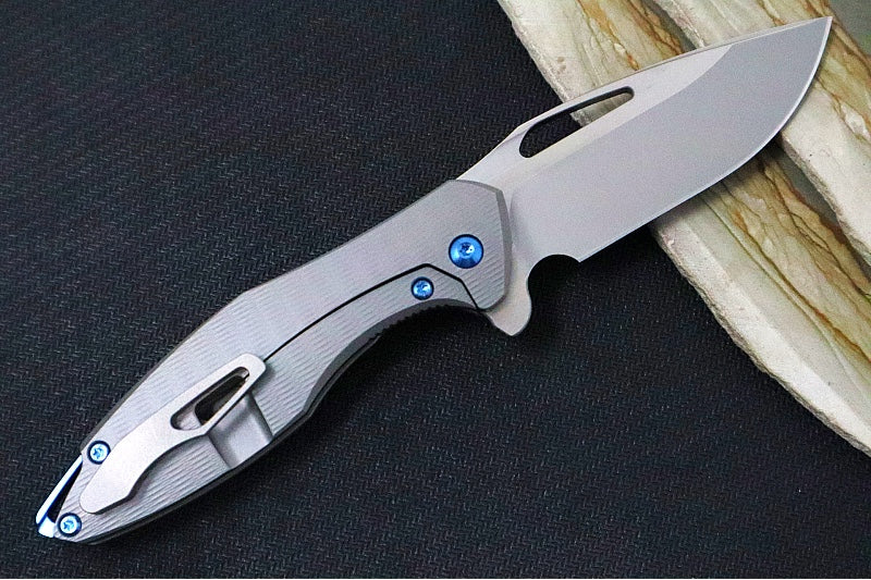 Koenig Mini Arius - Standard with Plexa Patterned Handle - Burnished Blade with Polished Flats - Blue Spacer & Hardware (Gen 1) - Northwest Knives