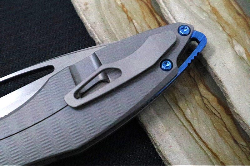 Koenig Mini Arius - Standard with Plexa Patterned Handle - Burnished Blade with Polished Flats - Blue Spacer & Hardware (Gen 1) - Northwest Knives