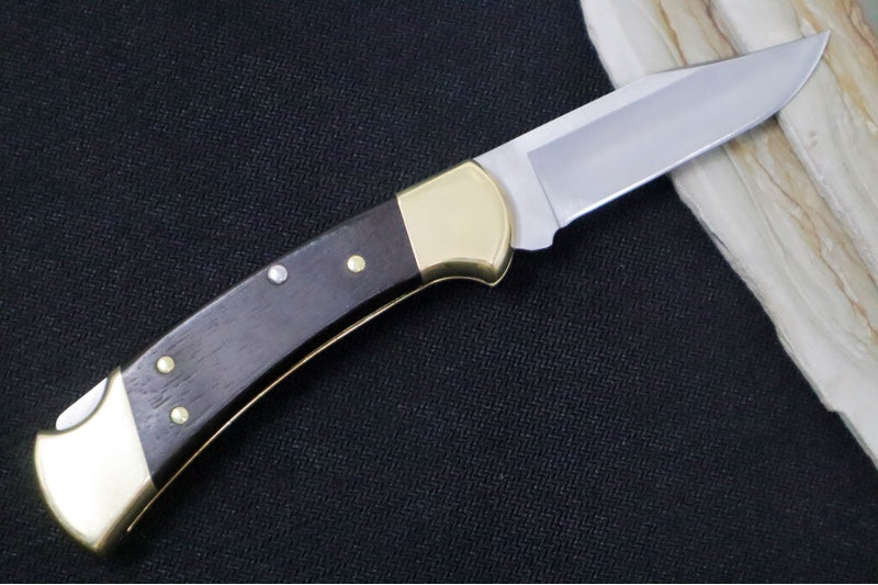 Buck 112 Folding Ranger - Clip Point Blade / Stainless Steel / Ebony Wood Handle / Genuine Leather Sheath 0112BRS-B