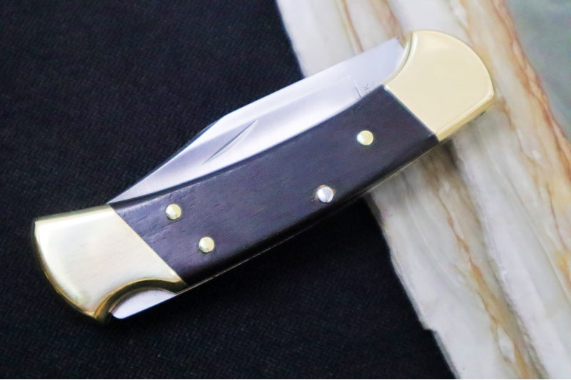 Buck 112 Folding Ranger - Clip Point Blade / Stainless Steel / Ebony Wood Handle / Genuine Leather Sheath 0112BRS-B - Northwest Knives