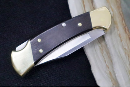 Buck 112 Folding Ranger - Clip Point Blade / Stainless Steel / Ebony Wood Handle / Genuine Leather Sheath 0112BRS-B