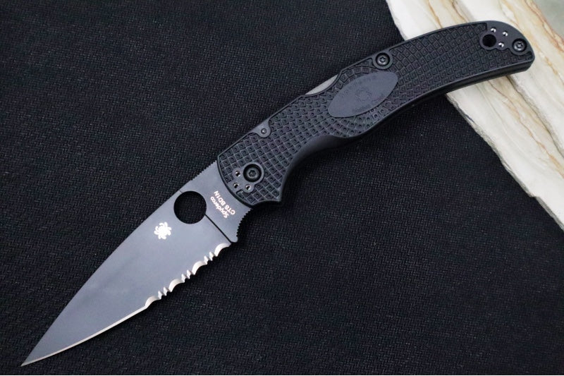 Spyderco Native Chief - Drop Point Blade with Partial Serrates / Black Finish / Black FRN Handle Scales C244PSBBK - Northwest Knives