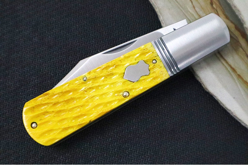 Jack Wolf Knives Gateway Jack Barlow Slipjoint - Yellow Jigged Bone Handle / Clip Point Blade / Sandvik 14C28N Steel / Satin Finish - Northwest Knives