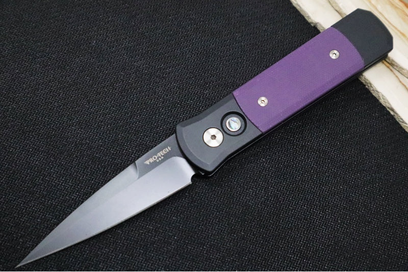 Pro Tech Godson Auto - Black Handle with Purple G10 Insert / Abalone Push Button / DLC Black Finished Blade 715-Purple