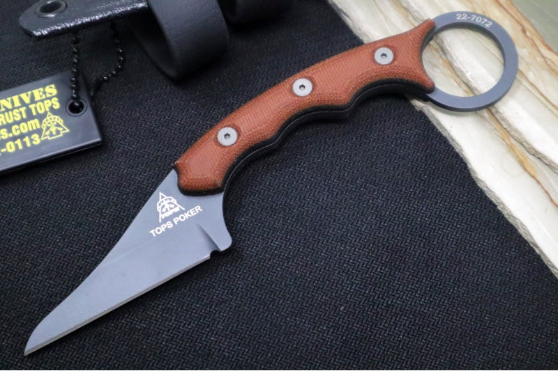 Tops Poker Fixed Blade - 1095 Steel / Tan & Black Canvas Micarta Handle / Black Kydex Sheath TPKR-01