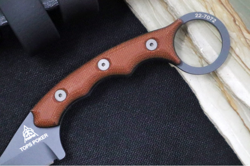 Tops Poker Fixed Blade - 1095 Steel / Tan & Black Canvas Micarta Handle / Black Kydex Sheath TPKR-01
