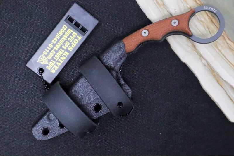 Tops Poker Fixed Blade - 1095 Steel / Tan & Black Canvas Micarta Handle / Black Kydex Sheath TPKR-01