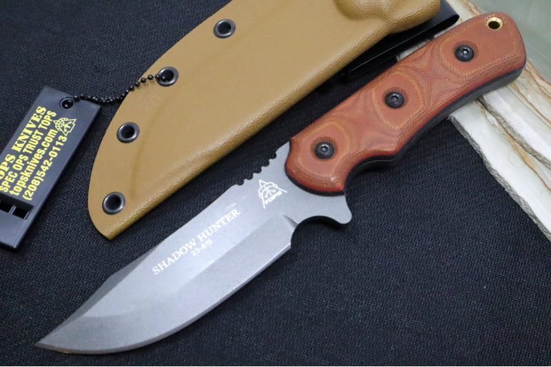 Tops Shadow Hunter Fixed Blade - 1095 Steel / Tan & Black Canvas Micarta Handle / Coyote Tan Kydex Sheath SWHR-01 - Northwest Knives