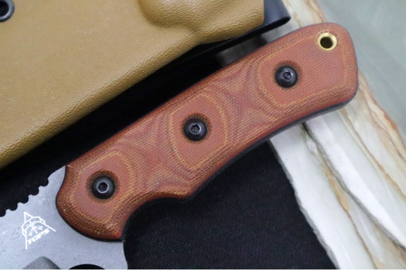Tops Shadow Hunter Fixed Blade - 1095 Steel / Tan & Black Canvas Micarta Handle / Coyote Tan Kydex Sheath SWHR-01 - Northwest Knives