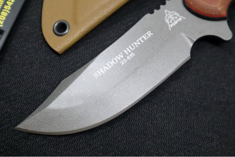 Tops Shadow Hunter Fixed Blade - 1095 Steel / Tan & Black Canvas Micarta Handle / Coyote Tan Kydex Sheath SWHR-01 - Northwest Knives